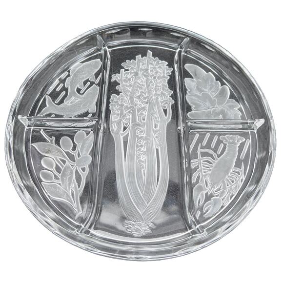 Vintage 10 Inch 5 Section Vegetable Tray Etched Fish Lobster Celery Vegetables - Picture 1 of 8